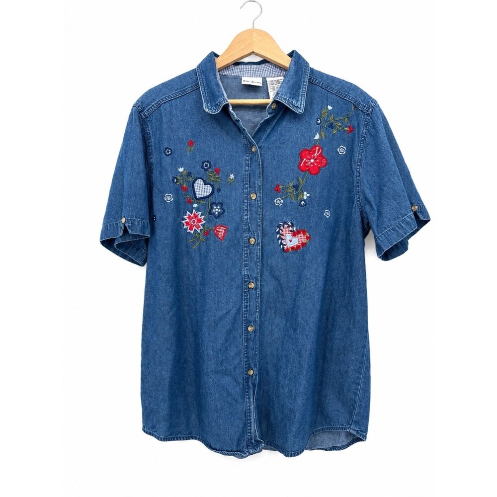 Bobbie Brooks Blue Embroidered Denim Shirt Top Button Up Grannycore Size Large